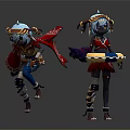 Fantasy Characters With Blue Hair Red Cape Jumping And Holding Decorative Tray