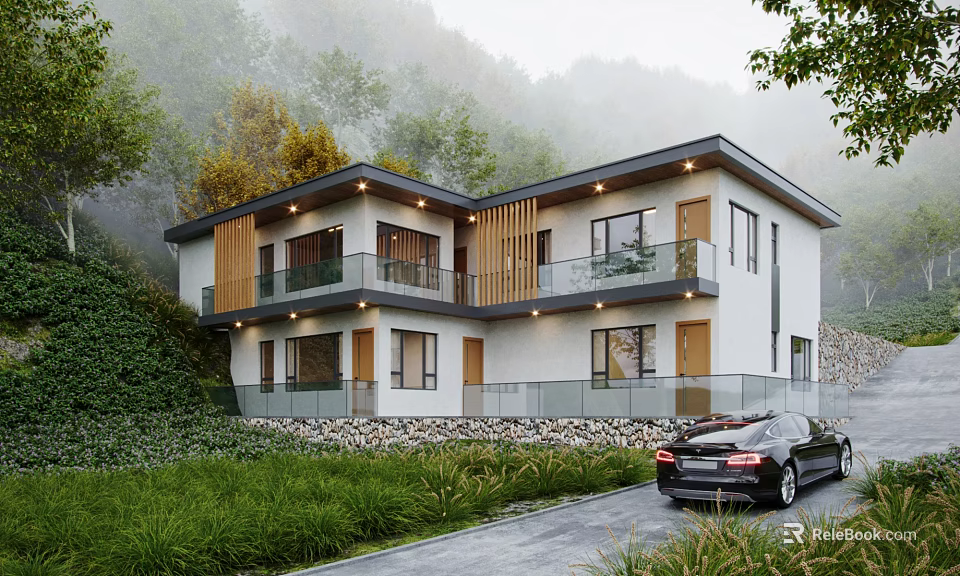 Modern Two Story Detached Villa With Mountain View Greenery And Glass Railings 3d model 