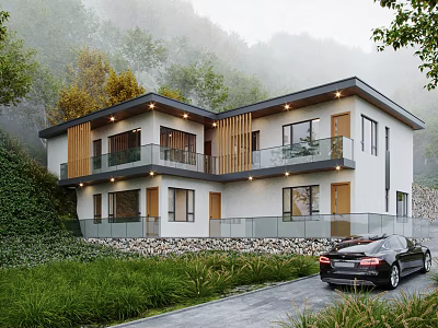 Modern Two Story Detached Villa With Mountain View Greenery And Glass Railings 3d model