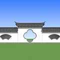 Traditional Chinese Building Exterior Wall With Gray Tiled Roof Fan Shaped Windows And Upturned Eaves
