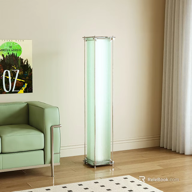 Tall Floor Lamp in Living Room with Green Sofa Wall Painting and Wooden Floor 3d model 
