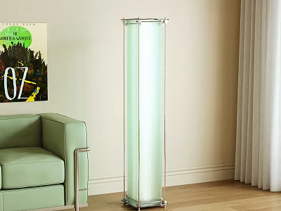 Tall Floor Lamp in Living Room with Green Sofa Wall Painting and Wooden Floor 3d model