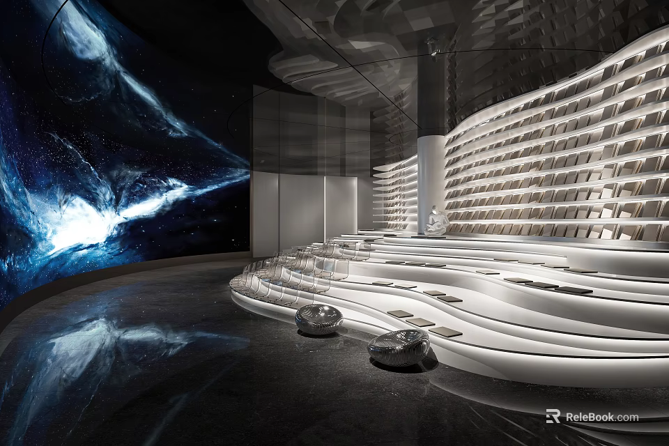 Futuristic Space Themed Interior With Curved Seats And Galaxy Backdrop 3d model 
