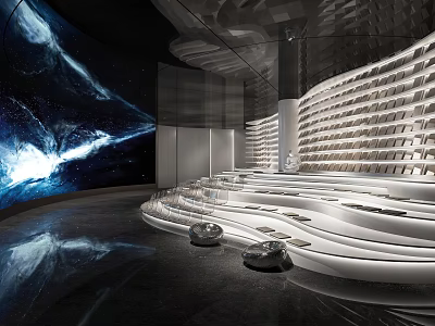 Futuristic Space Themed Interior With Curved Seats And Galaxy Backdrop 3d model