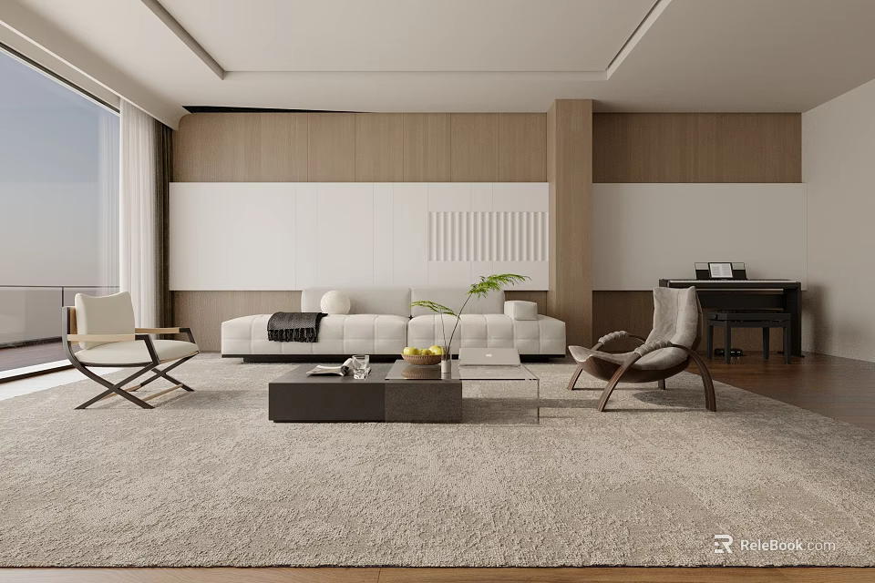 Modern Minimalist Living Room Interior With White Sofa Wooden Wall Paneling And Area Rug 3d model 