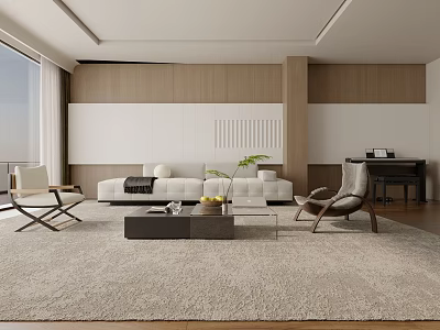 Modern Minimalist Living Room Interior With White Sofa Wooden Wall Paneling And Area Rug 3d model
