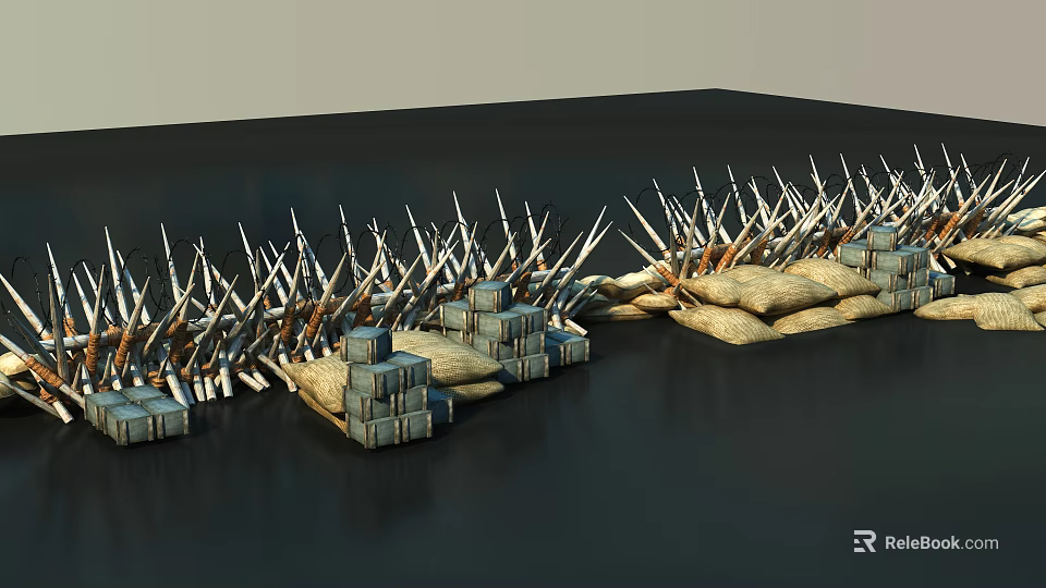 Sturdy Protective Fence With Spiked Tops Sandbags And Concrete Blocks 3d model 