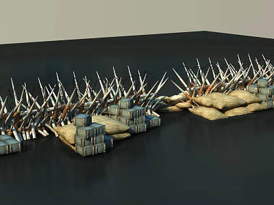 Sturdy Protective Fence With Spiked Tops Sandbags And Concrete Blocks 3d model