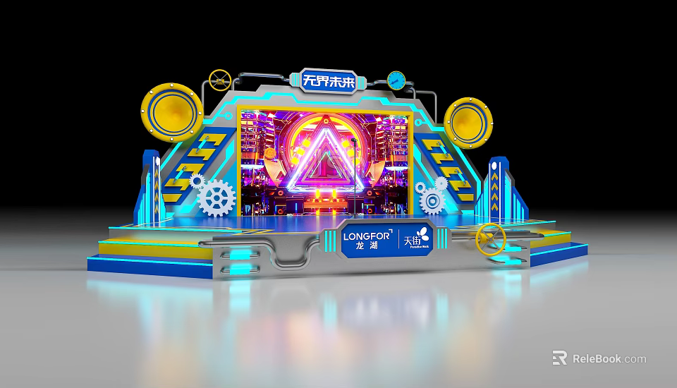 Vibrant Tech Style Stage Design With Neon Lights Gears And Geometry 3d model