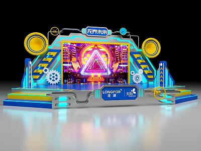 Vibrant Tech Style Stage Design With Neon Lights Gears And Geometry 3d model