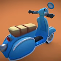 Blue Retro Scooter with Brown Seat and White Accents on Orange Background