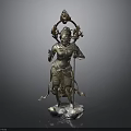 Bronze Man Statue With Intricate Headdress Holding Decorative Elements And Ornate Robes On Detailed Pedestal