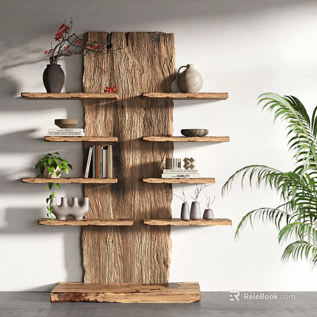 Multi Tiered Wooden Shelf With Vases Books Plants And Decorations In Modern Home Interior 3d model 