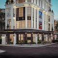 White Three Story Detached Villa With Balconies Greenery Large Windows Front Porch And Trees