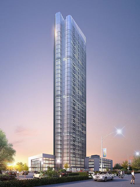 Modern Hotel Building Skyscraper With Glass Curtain Wall And Illuminated Lights Against Evening Sky 3d model 