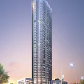 Modern Hotel Building Skyscraper With Glass Curtain Wall And Illuminated Lights Against Evening Sky