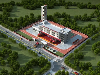 Aerial Planning of Modern Fire Station with Tower Greenery and Roads 3d model