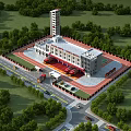 Aerial Planning of Modern Fire Station with Tower Greenery and Roads 3d model