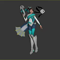 Sci Fi Biomechanical Character Wearing Blue White Outfit Holding Green Glowing Weapon And Back Wings