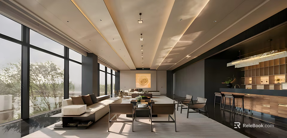 Modern Sales Office Interior With Spacious Layout Large Windows Comfortable Sofas And Chandeliers 3d model 
