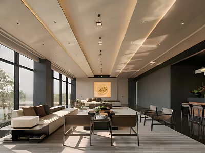Modern Sales Office Interior With Spacious Layout Large Windows Comfortable Sofas And Chandeliers 3d model