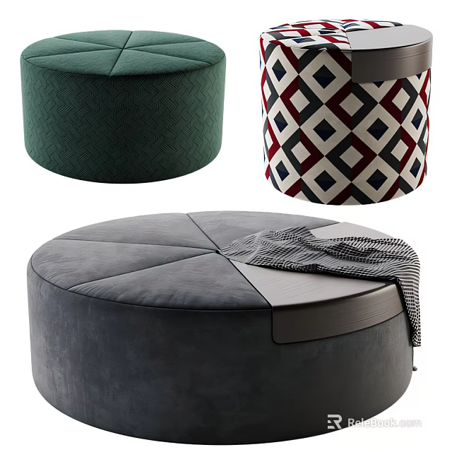 Modular Round Floor Bean Bag Sofas with Green Gray Geometric Patterns for Comfortable Living Room 3d model 