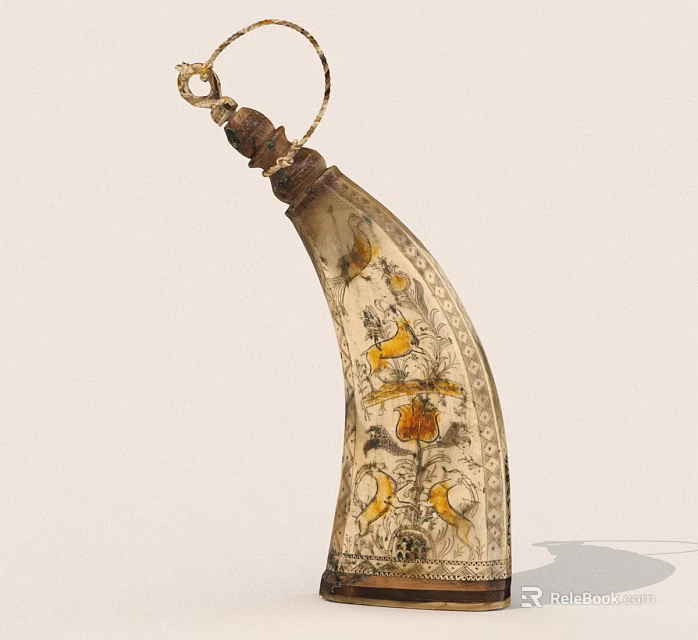 Handcrafted Decorative Horn Shaped Artifact With Floral Patterns And Wooden Handle 3d model 