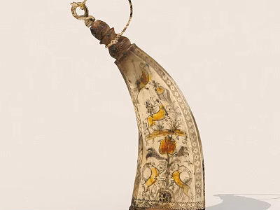 Handcrafted Decorative Horn Shaped Artifact With Floral Patterns And Wooden Handle 3d model