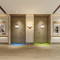Elegant Modern Elevator Hallway With Wooden Panels Light Strips Wall Paintings And Wooden Flooring
