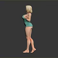 Blonde Woman In Teal Swimsuit Standing Barefoot With Hands Raised Against Grey Background
