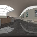 Cultural Center Interior With Exhibits Paintings Glass Display Cases Arched Ceiling And Skylights
