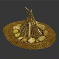 Natural Stacked Arbor Branches Forming Campfire Surrounded by Stones on Earthy Ground
