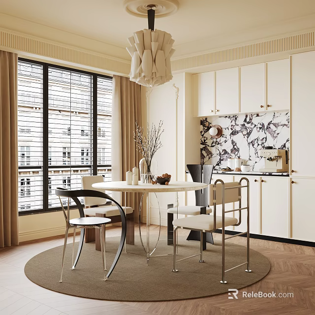 Elegant Modern Dining Room with Round Table Chairs Pendant Light Window Blinds and Wall Art 3d model 