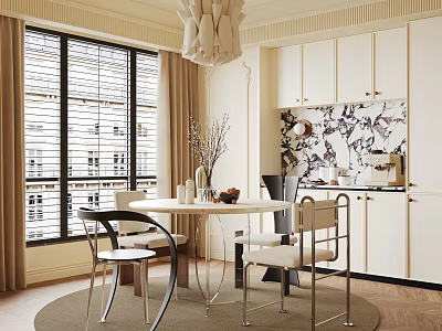 Elegant Modern Dining Room with Round Table Chairs Pendant Light Window Blinds and Wall Art 3d model