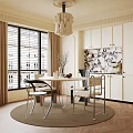 Elegant Modern Dining Room with Round Table Chairs Pendant Light Window Blinds and Wall Art