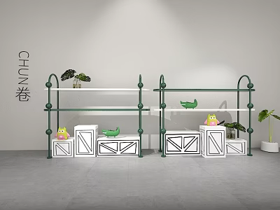 Stylish Green Display Shelves With Multi Layer Design White Storage Cabinets And Decorative Plants 3d model