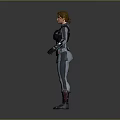 Futuristic Female Warrior Character in Armored Combat Suit Standing Against Gray Background