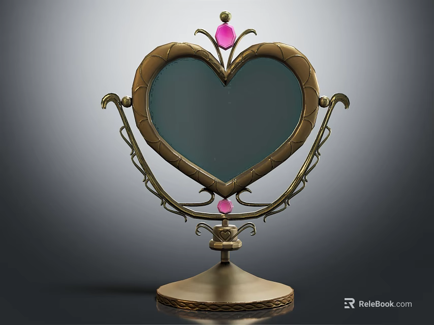 Elegant Heart Shaped Mirror With Decorative Brass Stand And Pink Gemstone Accents 3d model 