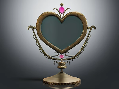 Elegant Heart Shaped Mirror With Decorative Brass Stand And Pink Gemstone Accents 3d model
