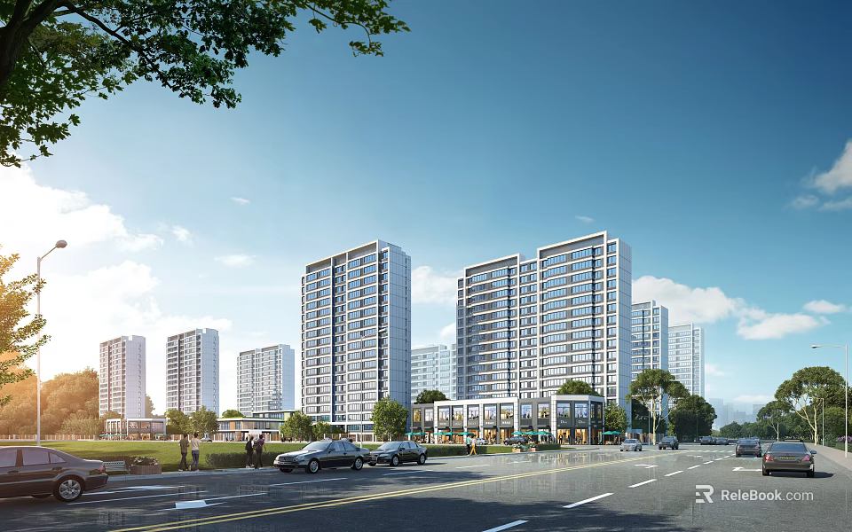 Commercial Street With High Rise Buildings Urban Traffic Greenery And Blue Sky 3d model 