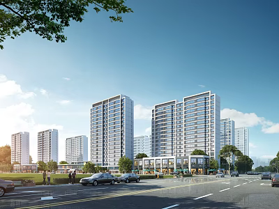 Commercial Street With High Rise Buildings Urban Traffic Greenery And Blue Sky 3d model