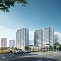 Commercial Street With High Rise Buildings Urban Traffic Greenery And Blue Sky