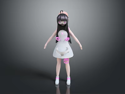 Cute 3D Game and Movie Character With Black Long Hair Pink Bows and White Dress 3d model