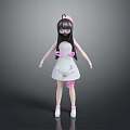 Cute 3D Game and Movie Character With Black Long Hair Pink Bows and White Dress
