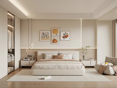 Soft Beige Bedroom Interior With Platform Bed Three Artworks Bedside Tables And Area Rug 3d model
