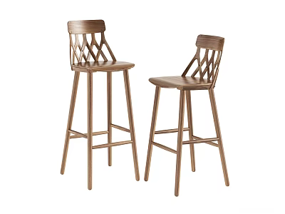 Two Wooden Bar Stools With Sleek Legs And Woven Back Design 3d model