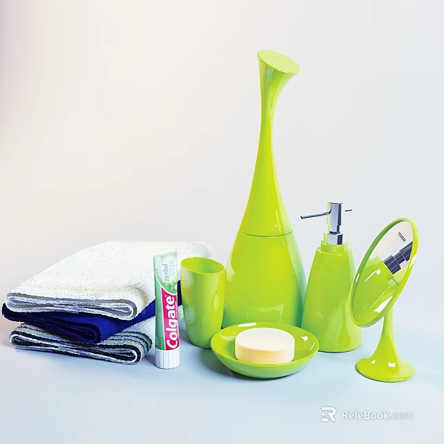 Stylish Green Bathroom Accessories Set With Towels Toothpaste Cup Soap Dish And Mirror 3d model 