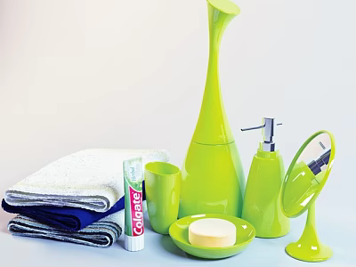 Stylish Green Bathroom Accessories Set With Towels Toothpaste Cup Soap Dish And Mirror 3d model