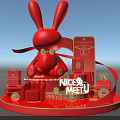 Festive Red Rabbit Display with Gift Boxes and Golden Decorations on Circular Platform 3d model
