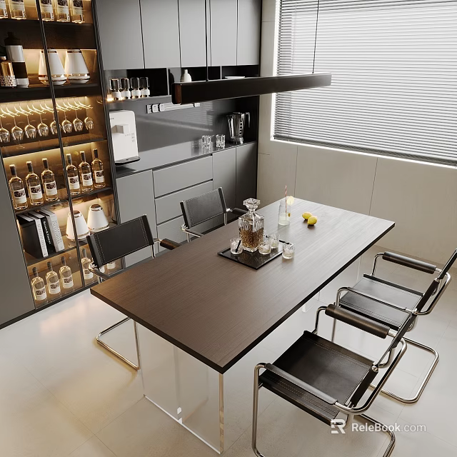 Modern Dining Table Set With Metal Frame Chairs Wine Cabinet And Decorative Items 3d model